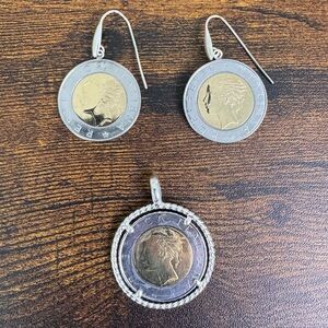 Lira 500 Italian Coin Pendant and Earring Set JCM 925 Hallmarked Hook Wires